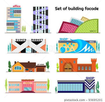 Building facade in flat style on white background. Vector city isolated symbols store and shop, home and office. Town icons of commercial architecture, old and modern buildings Building facade in flat style on white background. Vector city isolated symbols store and shop, home and office. Town icons of commercial architecture, old and modern buildings 93695201