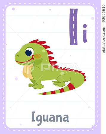 Alphabet printable flashcard with letter I and iguana animal 93695616
