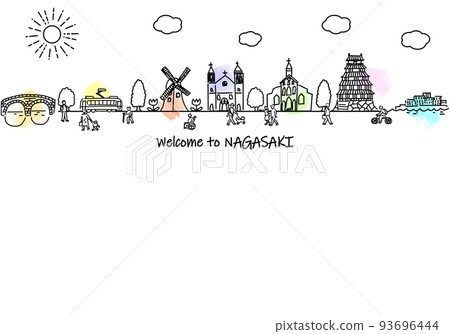 Simple line drawing illustration of the streets and people of sightseeing spots in Nagasaki Prefecture Simple line drawing illustration of the streets and people of sightseeing spots in Nagasaki Prefecture 93696444