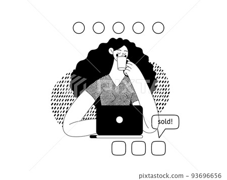 Sell online - Online shopping and electronic commerce series - modern flat vector concept illustration of a woman selling online with a laptop. Promotion, discounts, sale and online orders concept Sell online - Online shopping and electronic commerce series - modern flat vector concept illustration of a woman selling online with a laptop. Promotion, discounts, sale and online orders concept 93696656