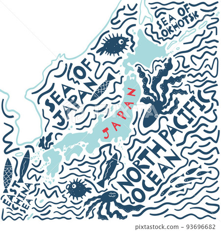 Vector hand drawn stylized map of Japan. East map element. Japanese Travel illustration. Asia continent atlas Vector hand drawn stylized map of Japan. East map element. Japanese Travel illustration. Asia continent atlas 93696682