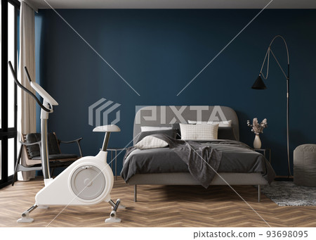 Modern room with fitness bike. Sport equipment in contemporary interior. Healthy lifestyle, sport, training at home concept. Stay fit. Home gym. 3D rendering. 93698095
