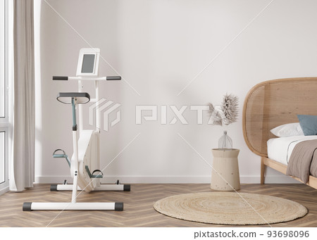 Modern room with fitness bike. Sport equipment in contemporary interior. Healthy lifestyle, sport, training at home concept. Stay fit. Home gym. 3D rendering. 93698096