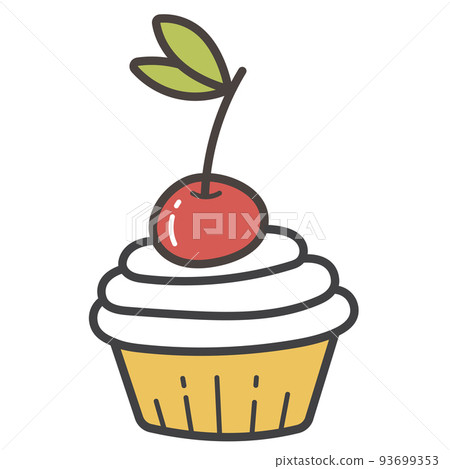 Muffin with cherries and vanilla cream. Berry dessert in a basket. Vector isolated image in doodle style on a white background. 93699353