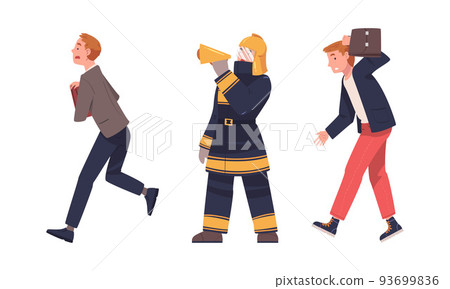 Fire Emergency with Firefighter Warning People with Megaphone Vector Set 93699836