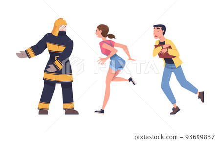 Fire Emergency with Firefighter Warning Man and Woman of Danger Vector Set Fire Emergency with Firefighter Warning Man and Woman of Danger Vector Set 93699837