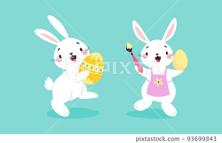 White Easter Bunny Painting Colorful Egg with Brush on Blue Background Vector Set 93699843