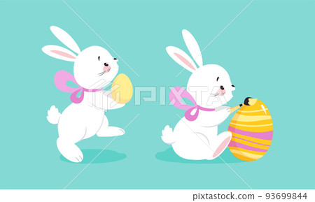 White Easter Bunny with Colorful Egg and Ribbon Bow on Blue Background Vector Set 93699844
