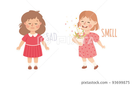 Little Girl Showing Sense Sad Crying and Smelling Flowers in Flowerpot Vector Set Little Girl Showing Sense Sad Crying and Smelling Flowers in Flowerpot Vector Set 93699875