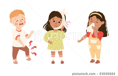 Sick Little Boy and Girl Feeling Unwell Suffering from Toothache and Runny Nose Vector Set 93699884