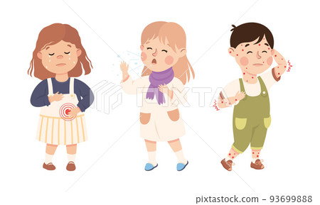 Sick Little Boy and Girl Feeling Unwell Suffering from Chickenpox and Stomachache Vector Set Sick Little Boy and Girl Feeling Unwell Suffering from Chickenpox and Stomachache Vector Set 93699888