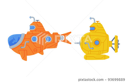 Colorful Submarine Watercraft with Porthole Swimming Underwater Vector Set 93699889