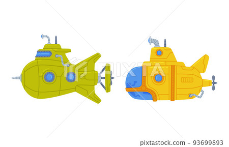 Colorful Submarine Watercraft with Porthole Swimming Underwater Vector Set Colorful Submarine Watercraft with Porthole Swimming Underwater Vector Set 93699893