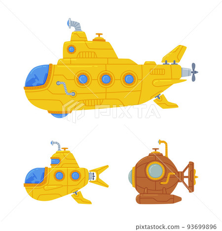 Colorful Submarine Watercraft with Porthole Swimming Underwater Vector Set Colorful Submarine Watercraft with Porthole Swimming Underwater Vector Set 93699896
