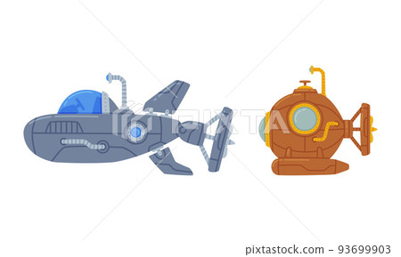 Submarine Watercraft with Porthole Swimming Underwater Vector Set 93699903