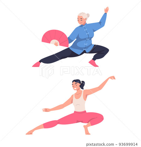 Woman Character Practicing Tai Chi and Qigong Exercise as Internal Chinese Martial Art Vector Set Woman Character Practicing Tai Chi and Qigong Exercise as Internal Chinese Martial Art Vector Set 93699914