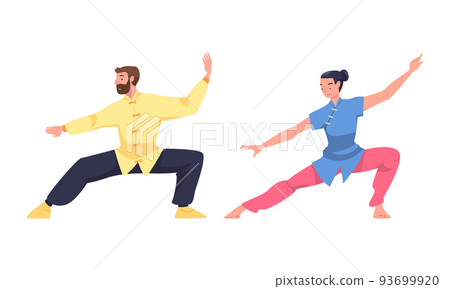 Man and Woman Character Practicing Tai Chi and Qigong Exercise as Internal Chinese Martial Art Vector Set Man and Woman Character Practicing Tai Chi and Qigong Exercise as Internal Chinese Martial Art Vector Set 93699920