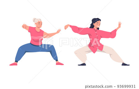 Woman Character Practicing Tai Chi and Qigong Exercise as Internal Chinese Martial Art Vector Set Woman Character Practicing Tai Chi and Qigong Exercise as Internal Chinese Martial Art Vector Set 93699931