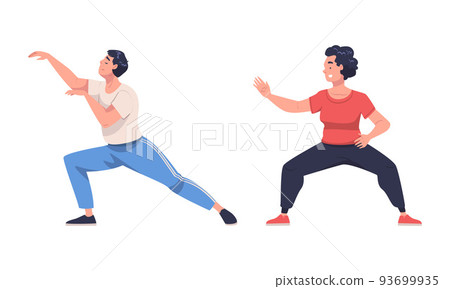 Man and Woman Character Practicing Tai Chi and Qigong Exercise as Internal Chinese Martial Art Vector Set 93699935