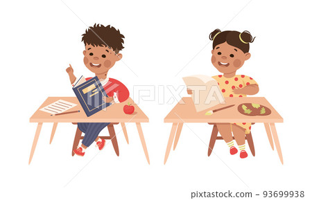 Little Boy and Girl Pupil Sitting at Table with Copybook and Paper Engaged in Elementary Education Vector Set Little Boy and Girl Pupil Sitting at Table with Copybook and Paper Engaged in Elementary Education Vector Set 93699938