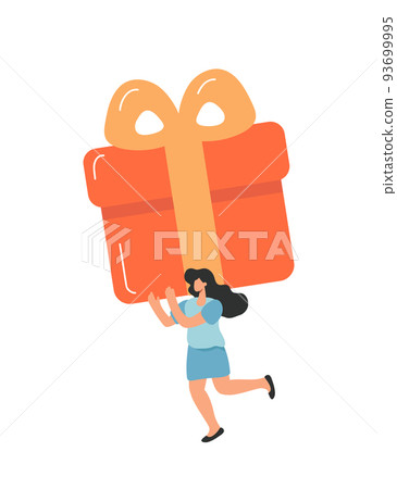 Cheerful tiny vector woman carrying huge present box overhead. Female character holding big birthday gift in festive packaging. Flat cartoon illustration isolated on white 93699995