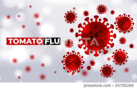 Tomato flu virus cells outbreak medical banner. Tomato flu virus cells on white science background. Tomato flu virus cells outbreak medical banner. Tomato flu virus cells on white science background. 93700260