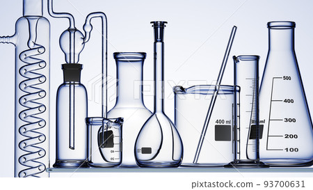 Glass chemistry lab equipment on blue background. Chemistry Lab concept. 3d  93700631
