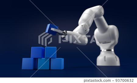Robotics arm stacking blank blue cubic blocks on grey background. Robotics arm stacking blank blue cubic blocks on grey background. 93700632