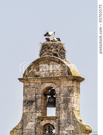 Storks on the Church of Santa Maria in Maderuelo in the province of Segovia, Spain 93703575