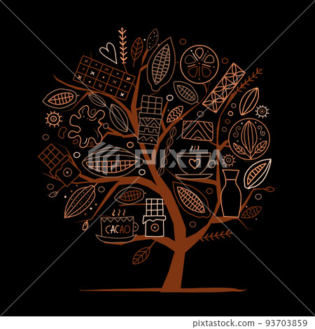 Chocolate, cacao and sweets. Concept art choco tree for your design. Vector illustration isolated on white 93703859