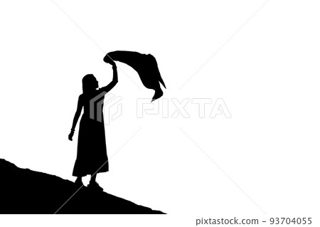 Silhouette asian woman standing waving the cloth blowing on background 93704055