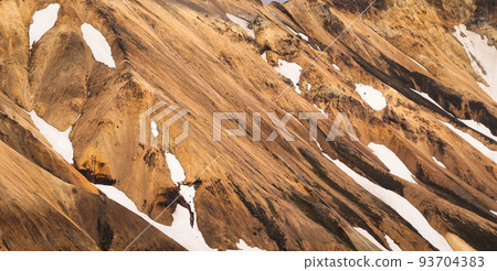 Scenic of volcanic mountain with snow covered in Fjallabak nature reserve on Icelandic highlands at Landmannalaugar, Iceland 93704383