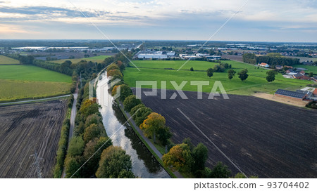 canal Dessel Schoten aerial photo in Rijkevorsel, kempen, Belgium, showing the waterway in the canal Dessel Schoten aerial photo in Rijkevorsel, kempen, Belgium, showing the waterway in the 93704402