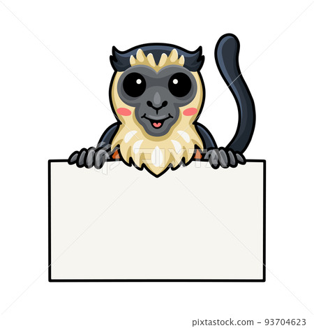 Cute little diana monkey cartoon with blank sign	 93704623