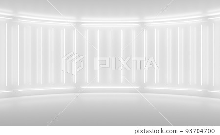 White minimalistic abstract background. 3d illustration. Neon light from lamps on the walls of the circular stage. White minimalistic abstract background. 3d illustration. Neon light from lamps on the walls of the circular stage. 93704700