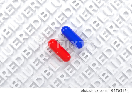 Blue and red pill on white background from letters. 3d illustration. 93705184