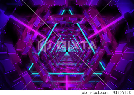 Colorful ultraviolet neon geometric glowing funnel portal. 3d illustration 93705198