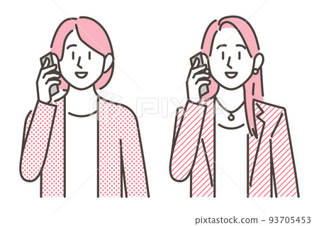 Vector illustration material depicting a young woman making a phone call from the front Vector illustration material depicting a young woman making a phone call from the front 93705453