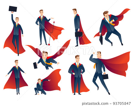 Businessman superheroes characters collection. Office workers, managers in costume and red fluttering cloak cape. Cartoon powerful man in various spectacular action poses superheroes 93705847