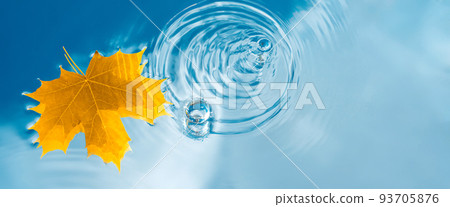 Yellow maple leaf on the surface of the water with waves of drops and clouds reflection 93705876