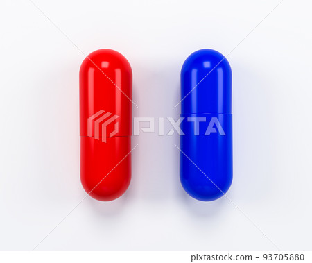 Red and blue pill isolate on white background. 3d illustration 93705880