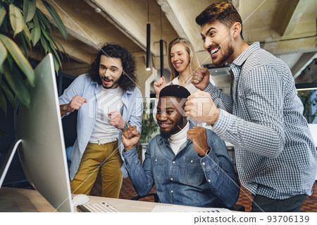 Happy overjoyed business team celebrate corporate victory Happy overjoyed business team celebrate corporate victory 93706139