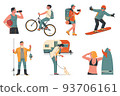 People walk. Flat characters walking outdoor, riding bicycle and running. Men and women crowd on street vector set 93706161