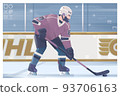 Hockey banner. Hockey team, sport uniform. World ice hockey championship, players shoots the puck and attacks, signs and symbols elements of professional hockey 93706163