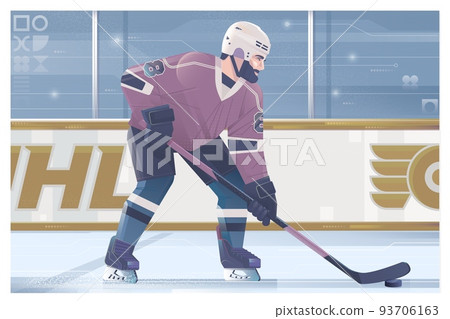 Hockey banner. Hockey team, sport uniform. World ice hockey championship, players shoots the puck and attacks, signs and symbols elements of professional hockey Hockey banner. Hockey team, sport uniform. World ice hockey championship, players shoots the puck and attacks, signs and symbols elements of professional hockey 93706163