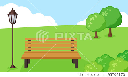 帶路燈和長椅的公園景觀插圖_day_16:9 93706170