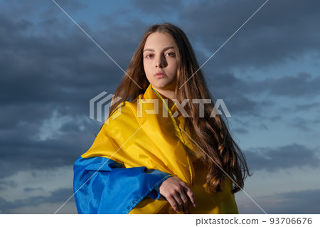 patriotic teen ukrainian girl with blue yellow flag of ukraine patriotic teen ukrainian girl with blue yellow flag of ukraine 93706676