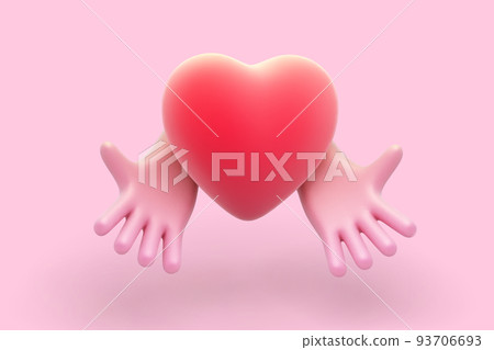 3D cartoon human hands holding red heart on pink background. 3D cartoon human hands holding red heart on pink background. 93706693