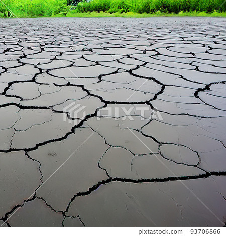 Raw earth in a crack on the background of green plants. AI generated image. Not based on any actual scene 93706866