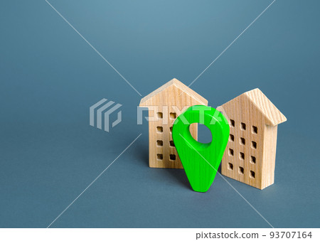 Residential buildings and green location pin. Delivery service. Environment friendly. Modern eco housing options. Construction industry, land market. Licensing documentation permits. Realtor Residential buildings and green location pin. Delivery service. Environment friendly. Modern eco housing options. Construction industry, land market. Licensing documentation permits. Realtor 93707164